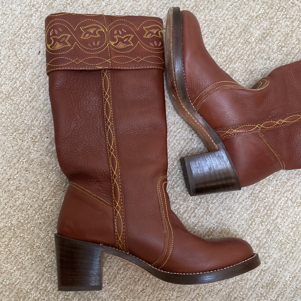 Frye boots, Campus Boots Gold Stitching Cognac Brown. Narrow in foot and calf.